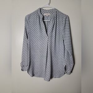 Ann Taylor LOFT Women's White Blue Black Geometric Pattern Long Sleeve Top, XSP